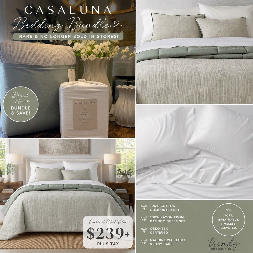 RARE Queen Casaluna Sage Green Comforter Bundle + Bamboo Sheets NEW